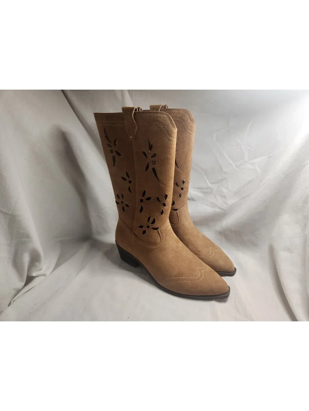 No Boundaries Women's Tan Faux Suede Western Mid-Calf Floral Cut-Out Boots 8
